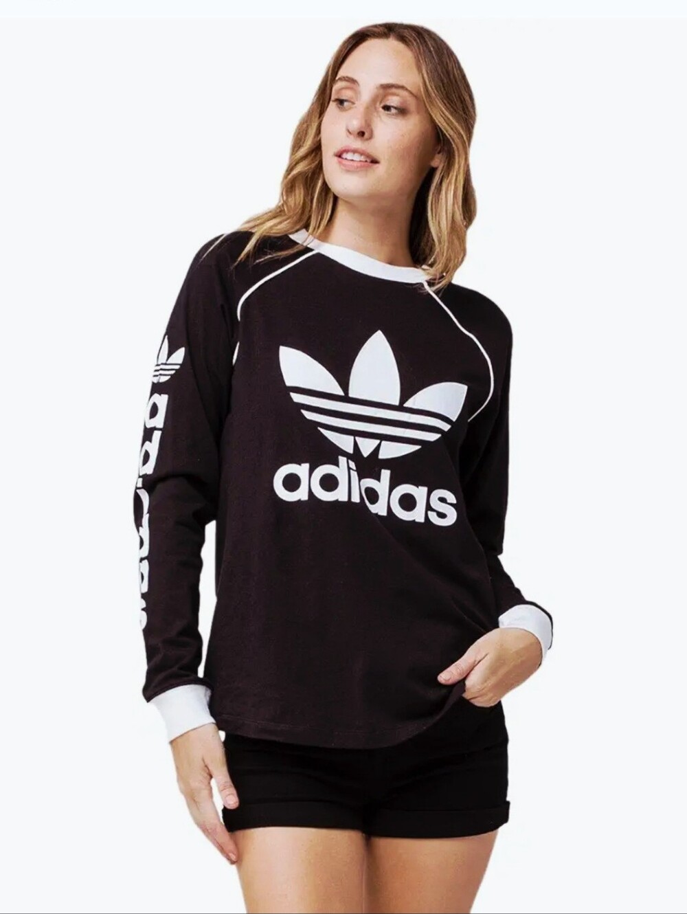 ADIDAS ORIGINALS Black OG Long Sleeve Trefoil Logo Tee with White Trim - L